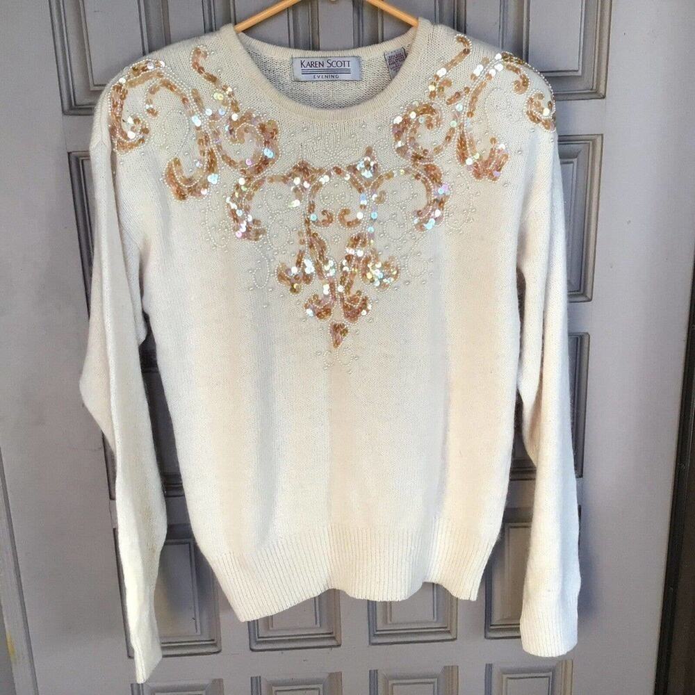 Karen Scott Evening Sequin Sweater Ivory SzM Angora/Lambs Wool Pre-Owned